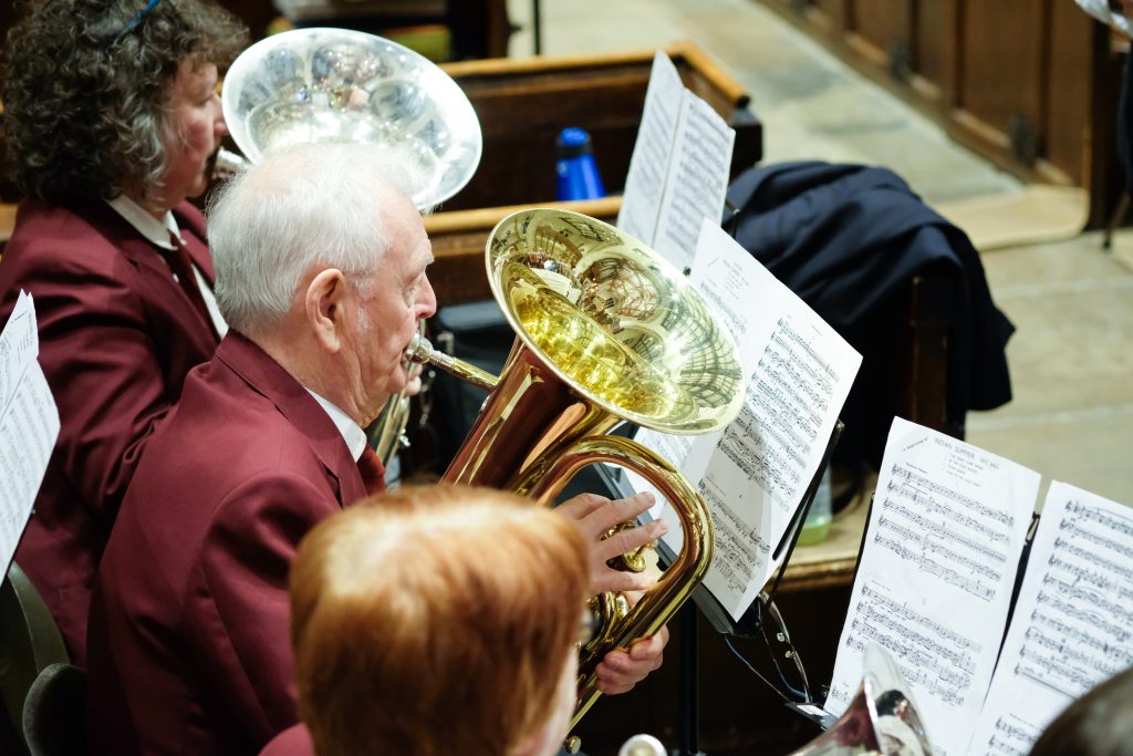brass band players in a contest performance